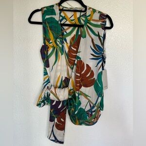 ZARA BASIC Green and Brown, MEDIUM Asymmetrical Tie Front Blouse.